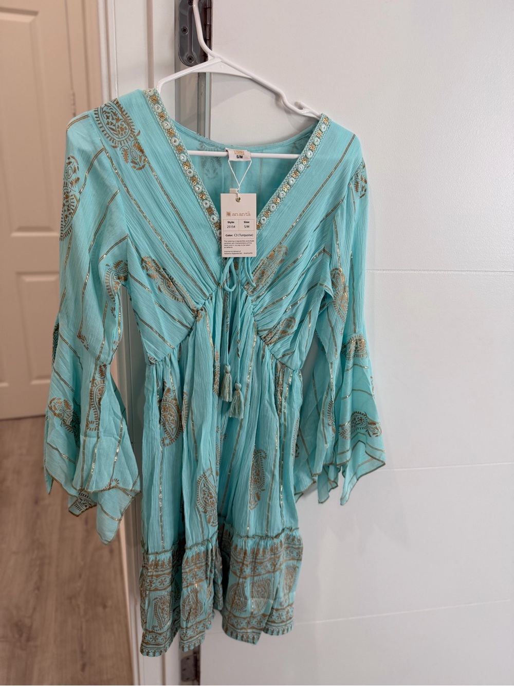 Women’s Dress - Light Teal Boho Tunic Dress with Gold accent design